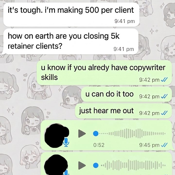Static ad styled as a WhatsApp conversation about copywriter skills