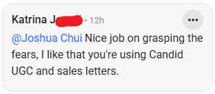 Skool comment from Katrina: Nice job on grasping the fears, I like that you're using Candid UGC and sales letters.