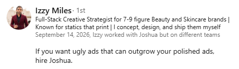 LinkedIn recommendation from Izzy Miles, Full-Stack Creative Strategist for beauty and skincare brands: If you want ugly ads that can outgrow your polished ads, hire Joshua.