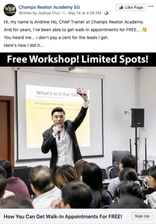 Facebook ad from Champs Realtor Academy: the first lines of copy, Hi, my name is Andrew Ho, above a Free Workshop, Limited Spots image of the trainer speaking to a full room