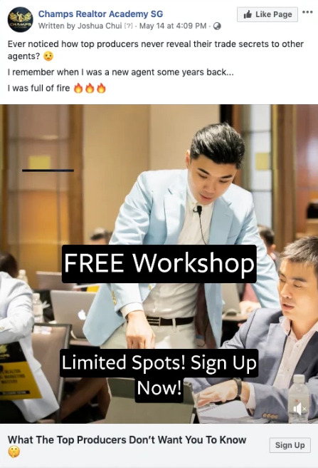 Facebook ad from Champs Realtor Academy: the first lines of copy, Ever noticed how top producers never reveal their trade secrets to other agents, above a Free Workshop image