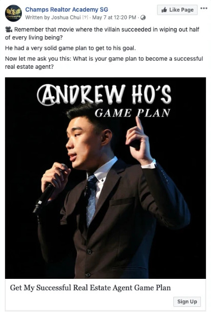 Facebook ad from Champs Realtor Academy: the first lines of copy, Remember that movie where the villain succeeded, above a film poster style image titled Andrew Ho's Game Plan