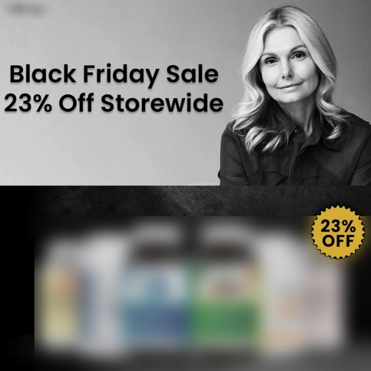 Black and white photo ad with a Black Friday discount headline and a blurred row of products