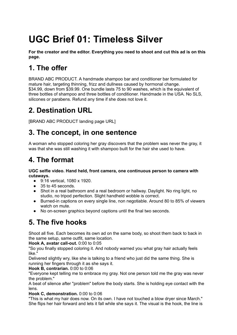 First page of UGC Brief 01, showing the offer, the concept in one sentence, the format and the five hooks